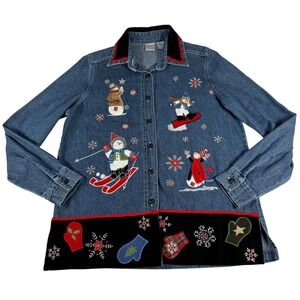 Quizz Again Women's Christmas Jean Denim Button‎ Up Jacket Snowman Size S